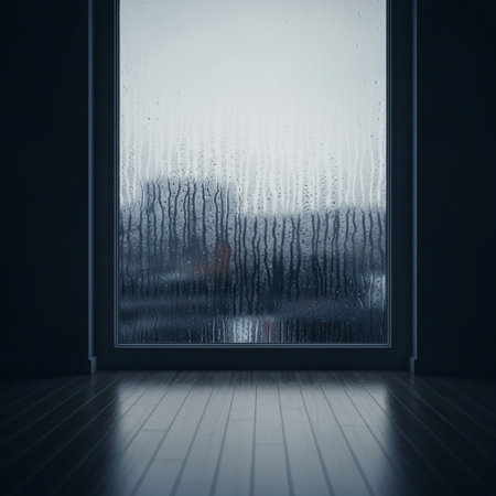 Window with raindrops in dark room. Rainy day. 3D Renderingの素材