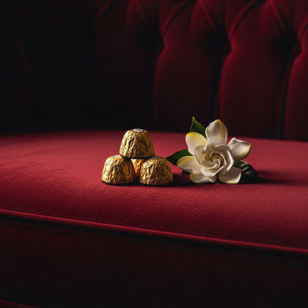 Chocolate candies and white flower on red background. 3D renderingの素材