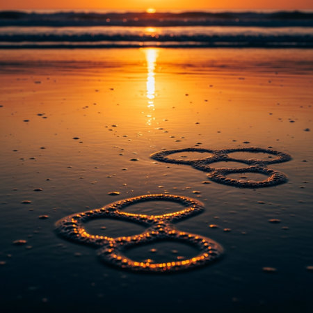 Beautiful sunset on the beach with footprints in the sand. Shallow depth of field.の素材