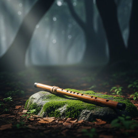 Wooden flute in the dark forest. 3D Renderingの素材