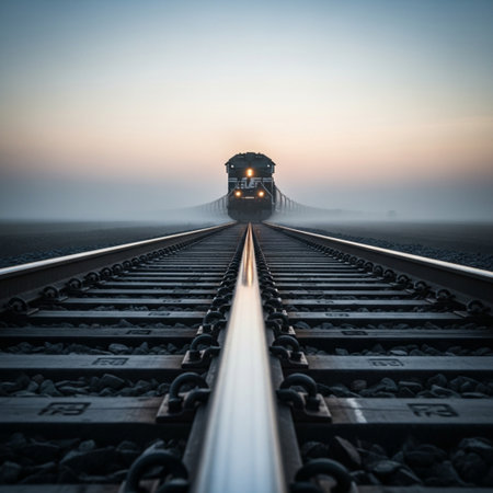 Railway tracks at sunset with a train in the background. Selective focus.の素材