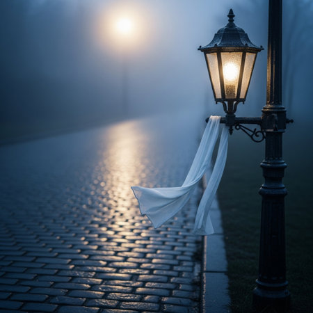 Lantern with a white veil on the street in the fogの素材