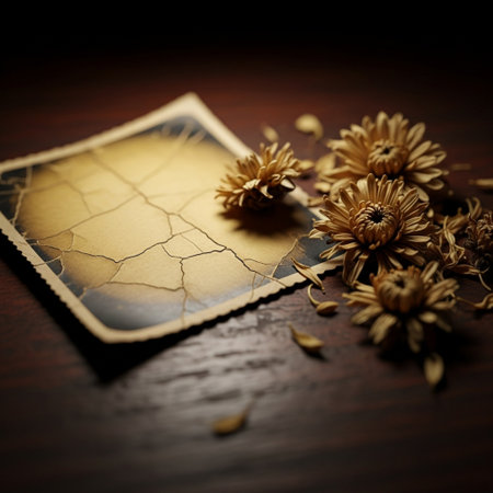 Old photo album with dried flowers on wooden background. Selective focus.の素材