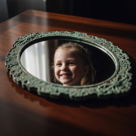 Portrait of a cute little girl looking in the mirror at homeの素材