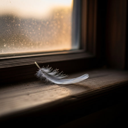 Feather on the windowsill in the morning. The concept of lonelinessの素材