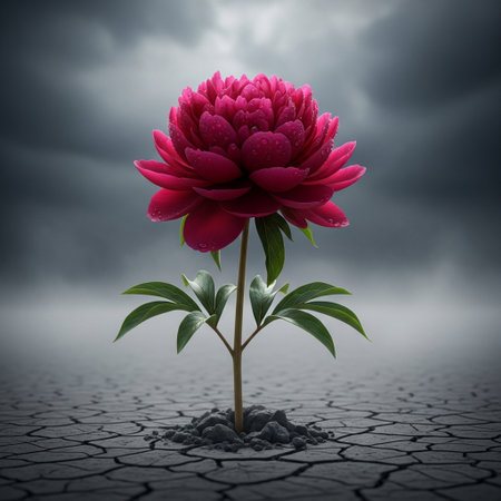 Red peony flower on cracked ground with dark stormy sky backgroundの素材