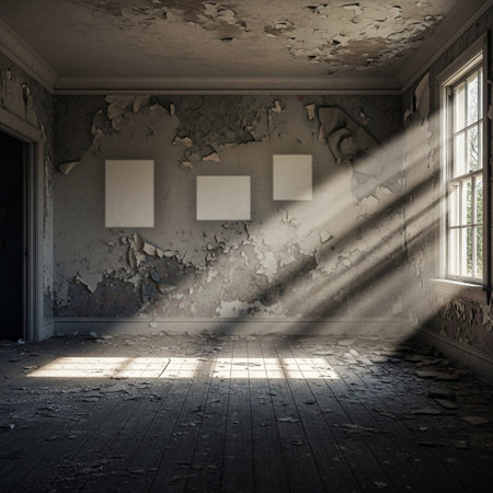Abandoned room with windows and frames. 3D rendering.の素材