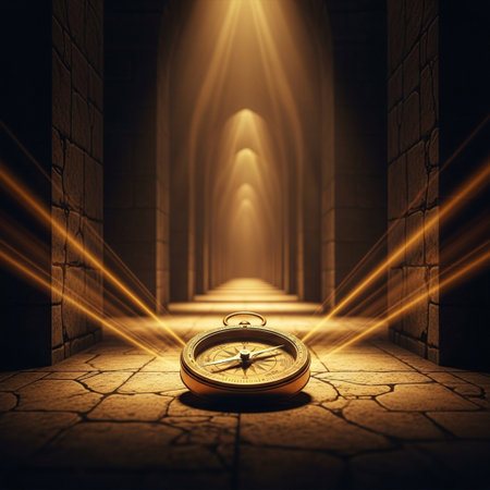 Vintage compass in the dark underground passage with light rays. 3D renderingの素材