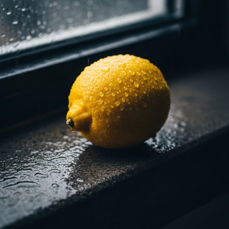 Lemon on the windowsill. Raindrops on the glass.の素材