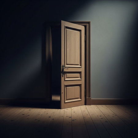 An image of a door in a dark room. 3d renderingの素材