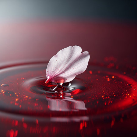 Water drop and flower petals on a red background with copy spaceの素材