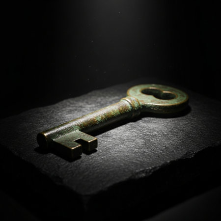 Old key on a black background. Shallow depth of field.の素材