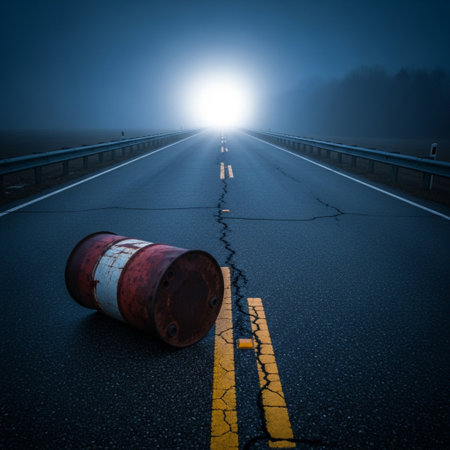 Abandoned oil barrel on the road in a foggy morningの素材