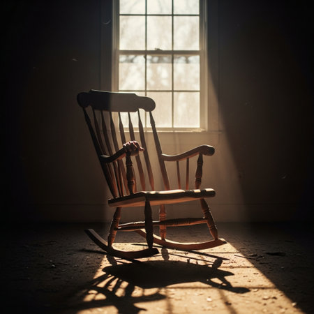 Abandoned rocking chair in front of a window with sunlight.の素材