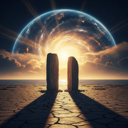 Mystical landscape with stone pillars at sunrise. 3d renderingの素材