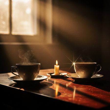 Two cups of coffee on a wooden table, next to a burning candleの素材