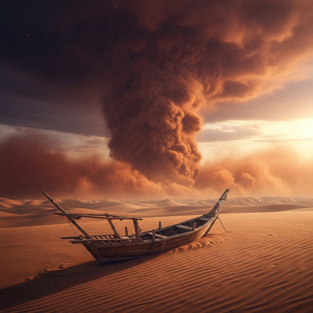 Fishing boat in the desert with smoke coming out of it.の素材