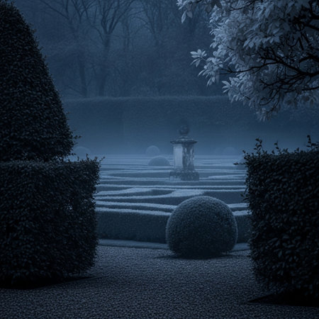 Garden in the mist with fountain in the middle, black and whiteの素材