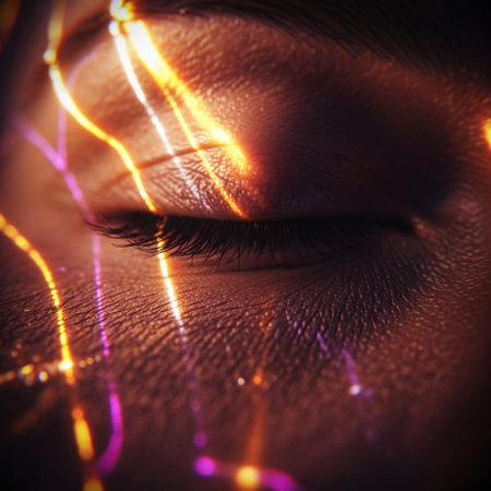 Futuristic female eye with glowing neon lines. 3d renderingの素材