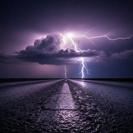 Lightning strikes the road. Stormy weather. 3d renderingの素材