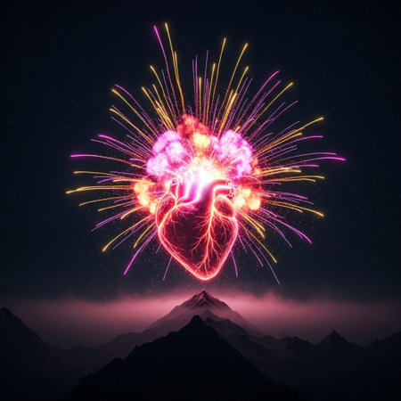Creative heart with firework over mountain background. Love concept. 3D Renderingの素材