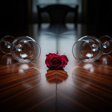 Wedding table setting with wine glasses and red rose on wooden tableの素材