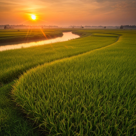 Rice field at sunset in the countryside of Thailand, Asia.の素材