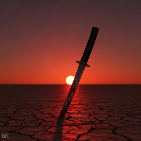 Samurai sword in the desert at sunset. 3d rendering.の素材