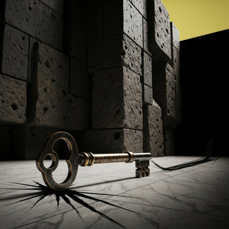 Conceptual image of a key with a broken wall in the backgroundの素材