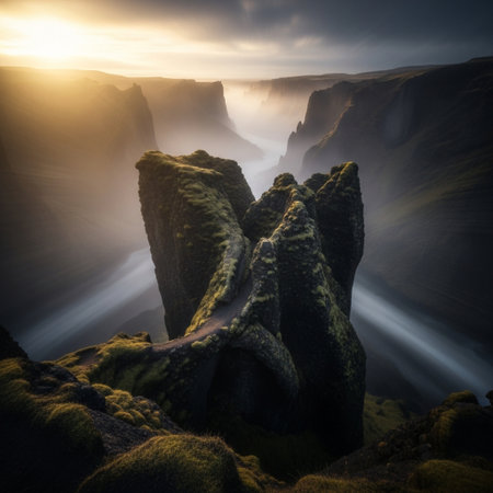 Fantastic foggy sunrise over the famous Fjadrargljufur canyon, Iceland, Europeの素材