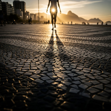 Silhouette of a woman walking on a cobblestone street in Rio de Janeiro, Brazilの素材