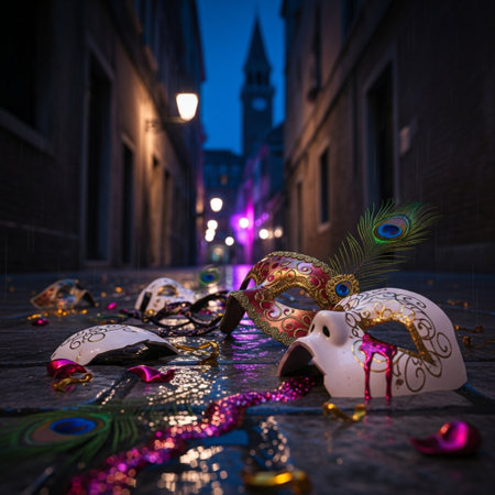 Traditional venetian carnival mask with peacock feather on cobblestone street at nightの素材