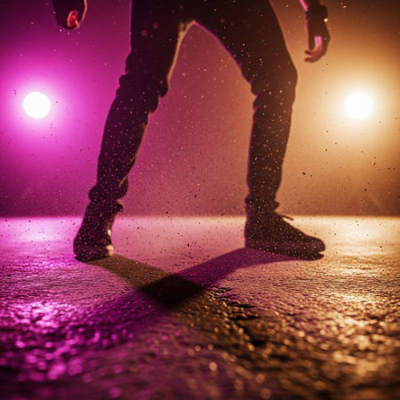 Dancing silhouette of man on stage with lights and smoke. Nightlife concept.の素材