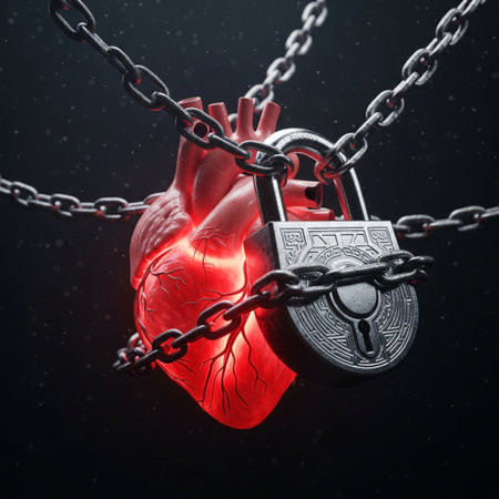 3d rendering of a human heart locked with chain and padlockの素材