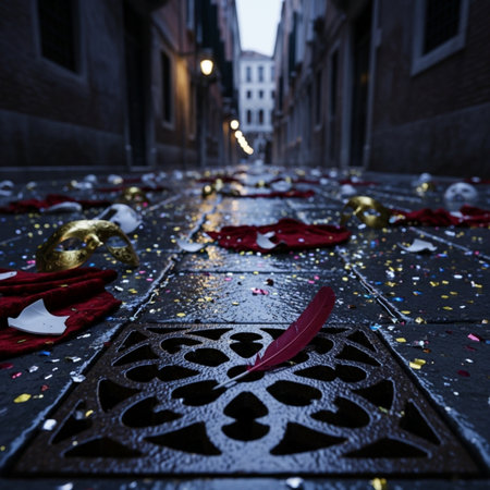 Red and gold carnival masks on the street in Venice, Italyの素材