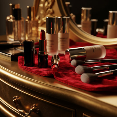 Cosmetic set on a vanity table, close-up. 3d renderingの素材