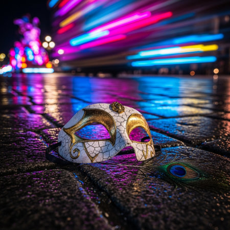 Carnival mask in Venice, Italy at night with lights.の素材