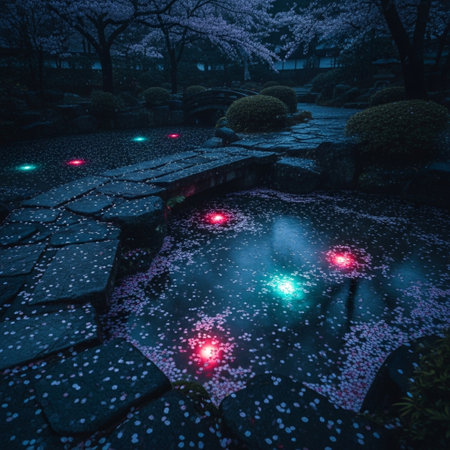 Japanese garden at night with cherry blossoms in full bloom in springの素材