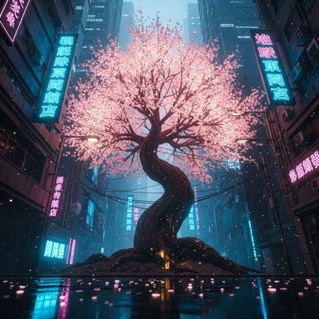 3D rendering of a cherry blossom tree in the city at nightの素材