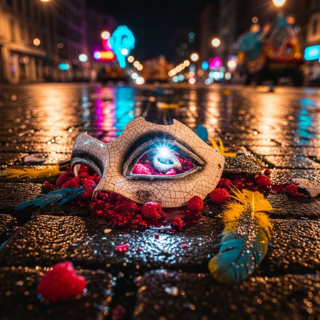 Close up view of a scary eye on a cobblestone pavement in the city at night.の素材