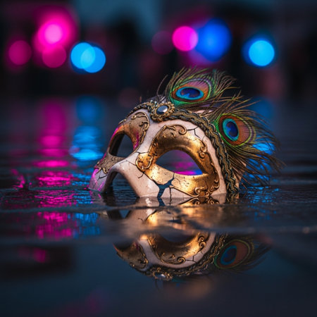 Venetian carnival mask with colorful bokeh background.の素材