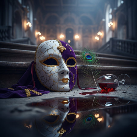Venetian carnival mask and glass of wine on the tableの素材