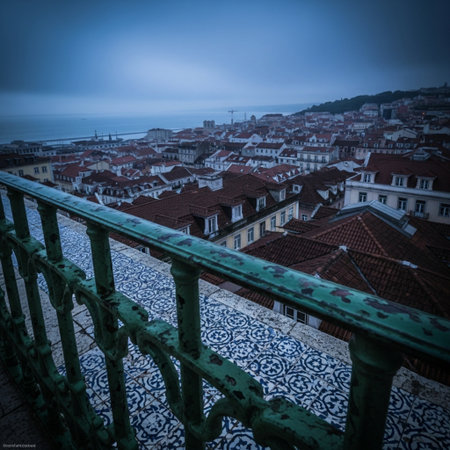 Panoramic view of Lisbon at night, Portugal. Toned.の素材