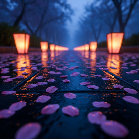 Rose petals falling on the floor in the rain at night.の素材