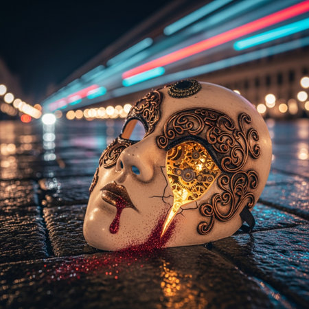 Traditional venetian carnival mask at night in Venice, Italyの素材