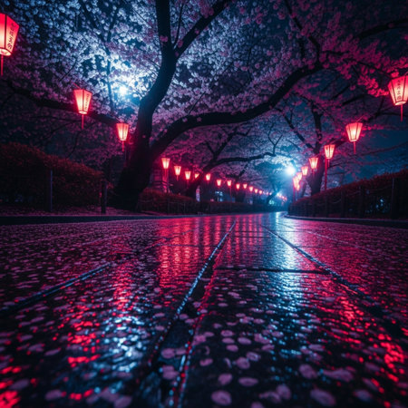 Cherry blossom alley at night in Seoul, South Korea.の素材