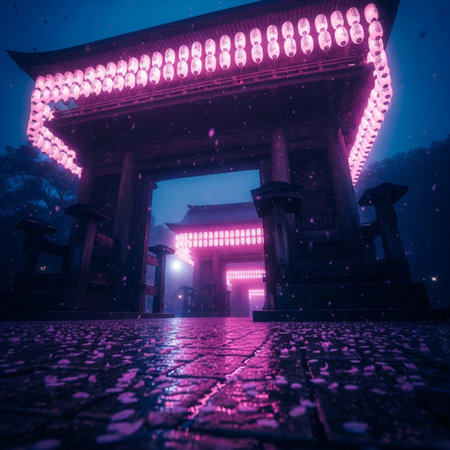 Night view of a pavilion in a Japanese temple. Selective focusの素材