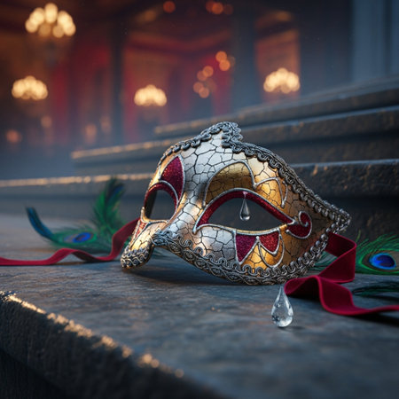 Venetian carnival mask with red ribbon and water drops on stairsの素材