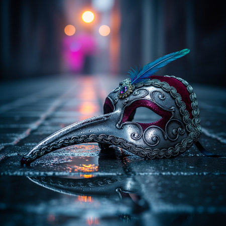 Traditional Venetian carnival mask with feathers on wet street at night.の素材