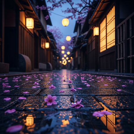 Cherry blossoms and lanterns in the streets of Kyoto, Japanの素材